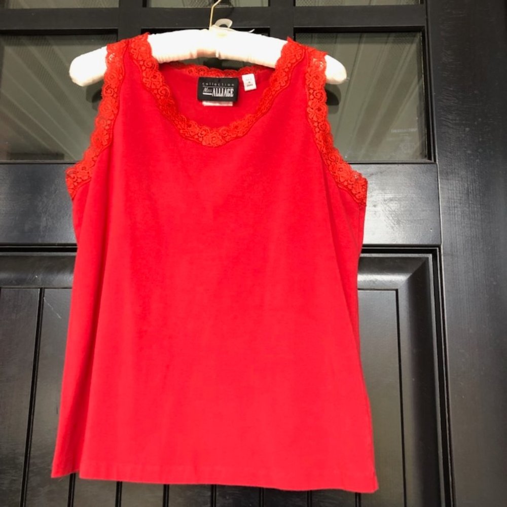 Red lace trimmed tank top, no size listed likely an M